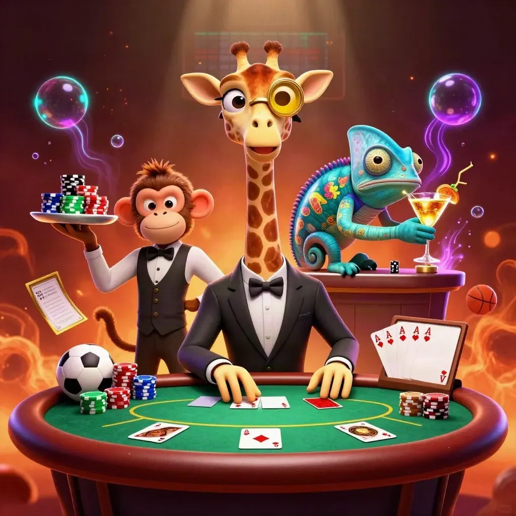 Jerapah high roller, monyet valet, dan bunglon bartender di meja poker neon dengan chip emas.