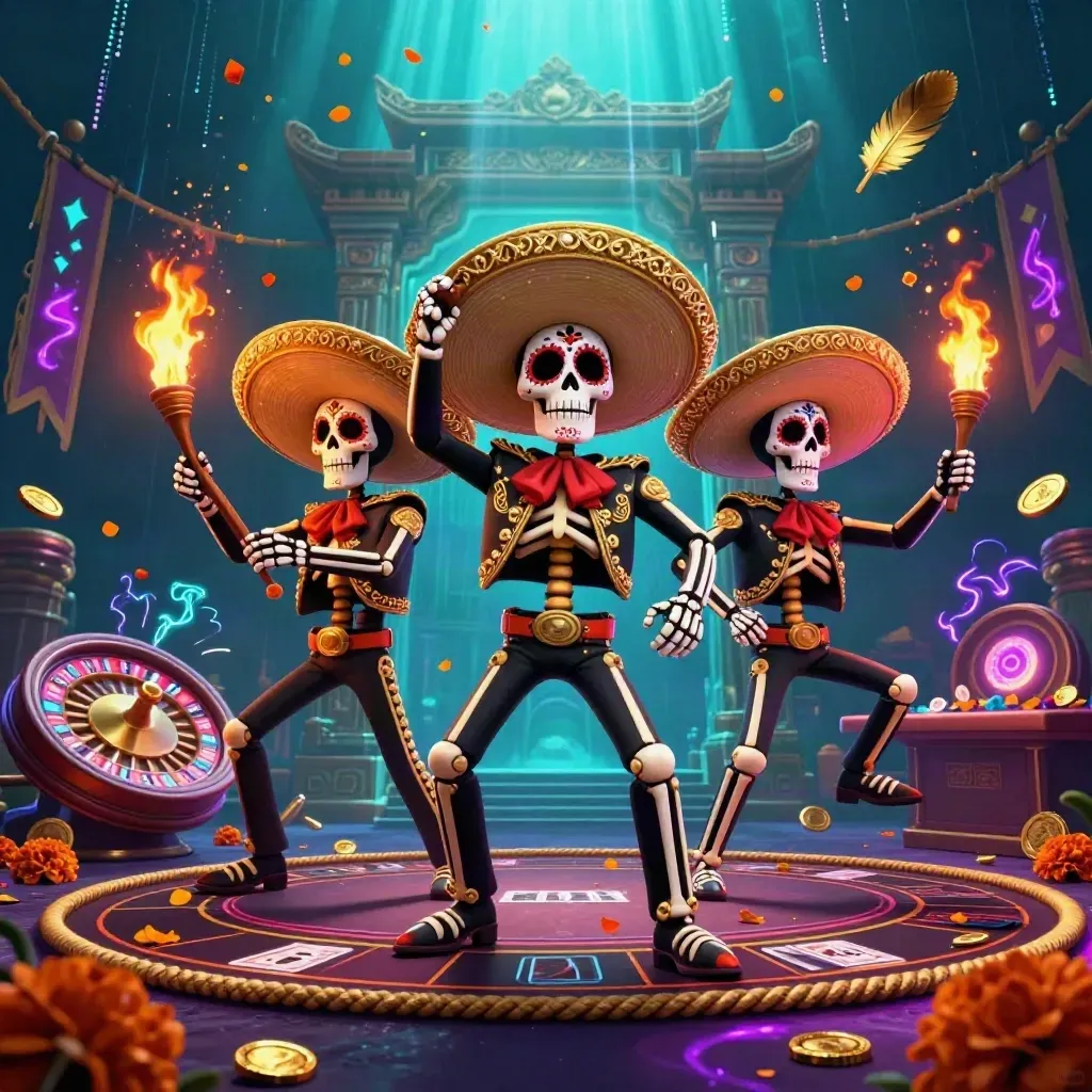 Trio kerangka mariachi mewah dikelilingi koin emas, kuil, dan roda roulette.