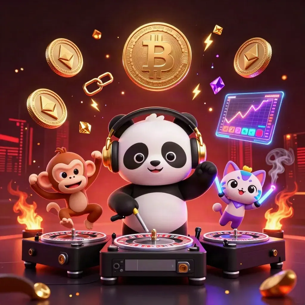 Panda DJ, monyet, dan kucing rave di kasino mitologis dengan koin kripto dan kilat neon.