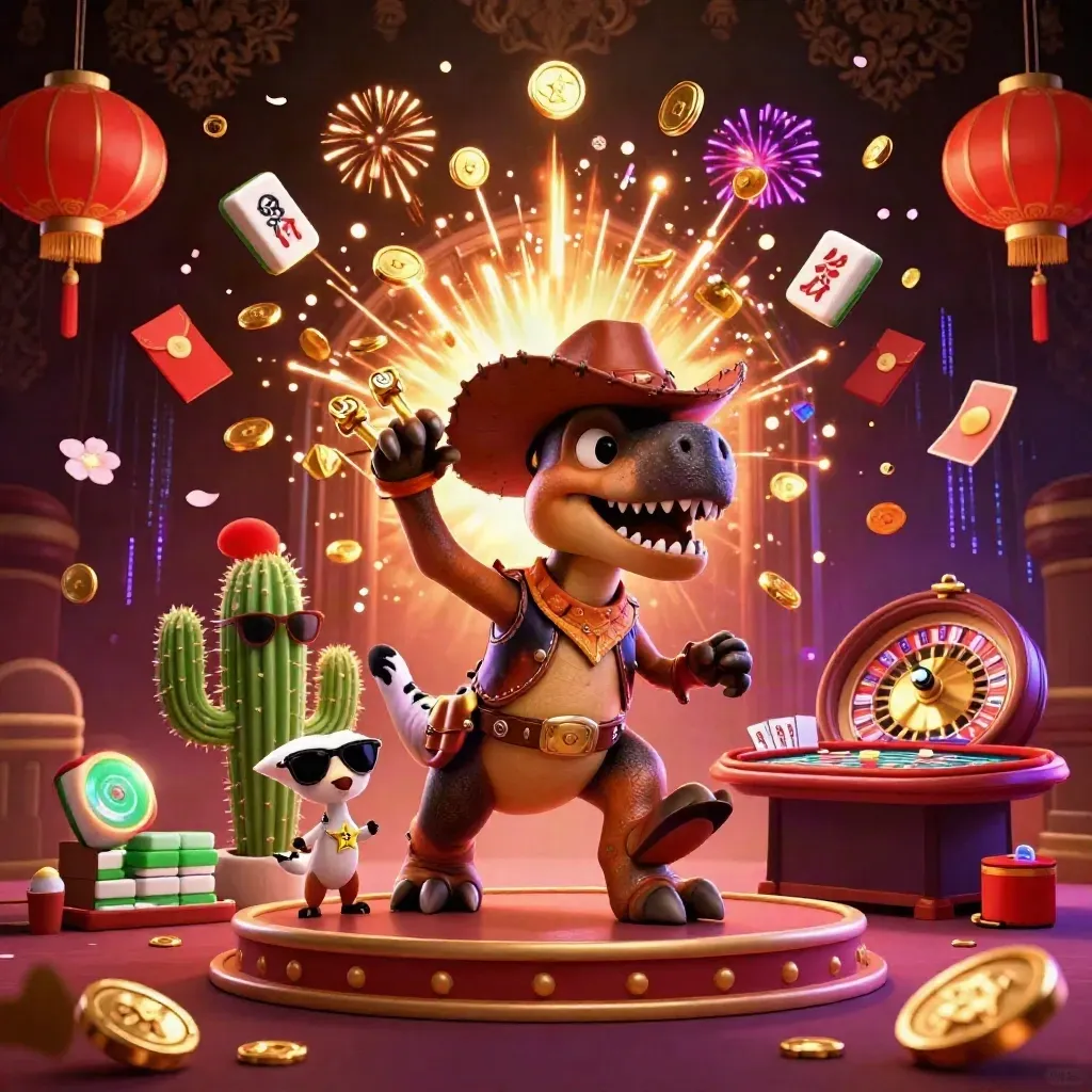 T-Rex koboi, kaktus, dan roadrunner dikelilingi koin emas, lampion, dan ledakan neon.