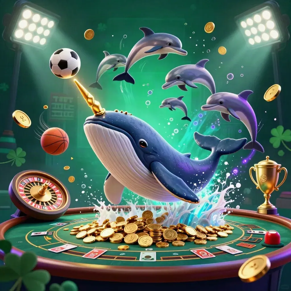 Paus kapten, narwhal, dan lumba-lumba di tengah koin emas, bola, dan meja kasino mewah.