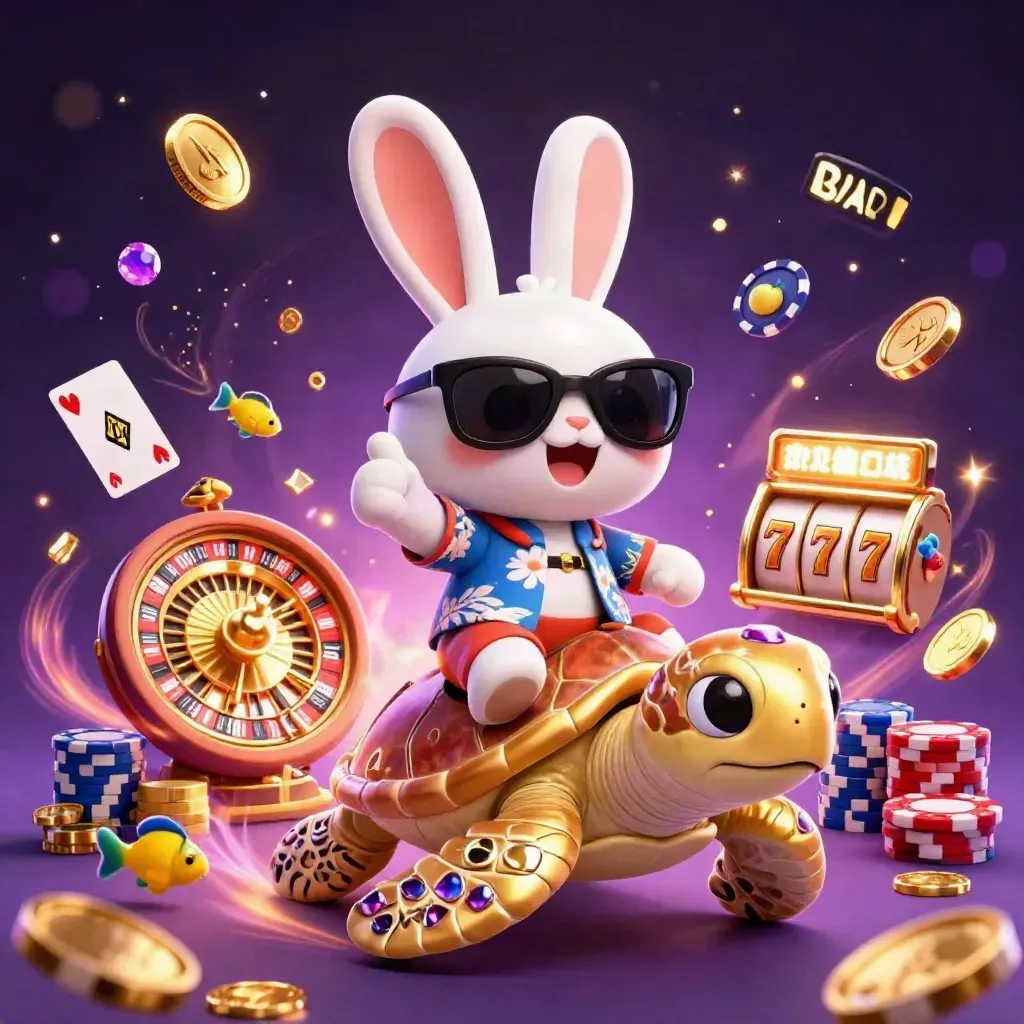 Kelinci kartun menunggang kura-kura emas dikelilingi koin, kartu, dan mesin slot mewah.