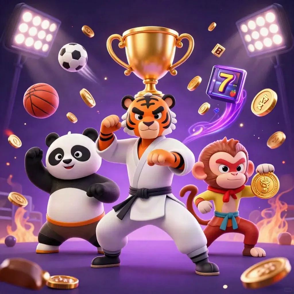 Harimau kung-fu, panda, dan monyet dalam adegan kasino mewah bernuansa gelap.